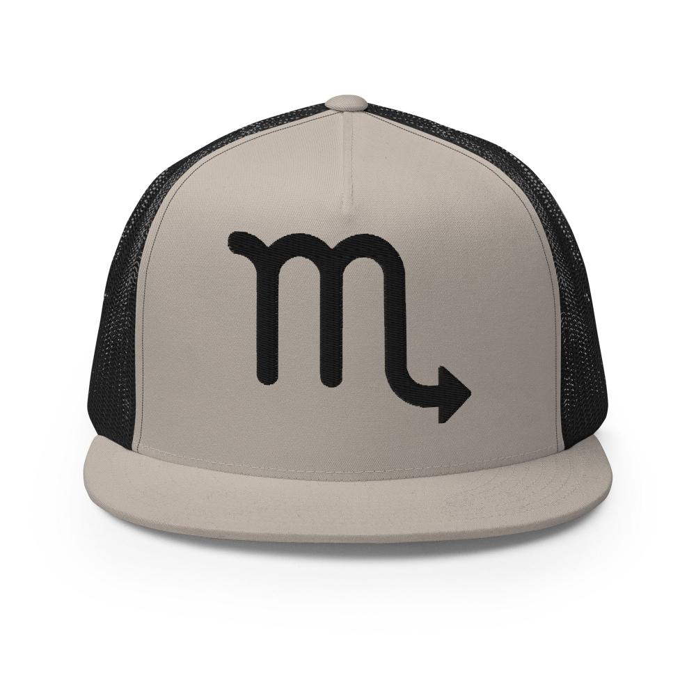 Scorpio Zodiac Embroidered Flat Bill Trucker Hat - Silver/Black Color - https://ascensionemporium.net